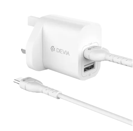 Devia - 2.4A Dual USB Plug & 1m USB-C Cable - White