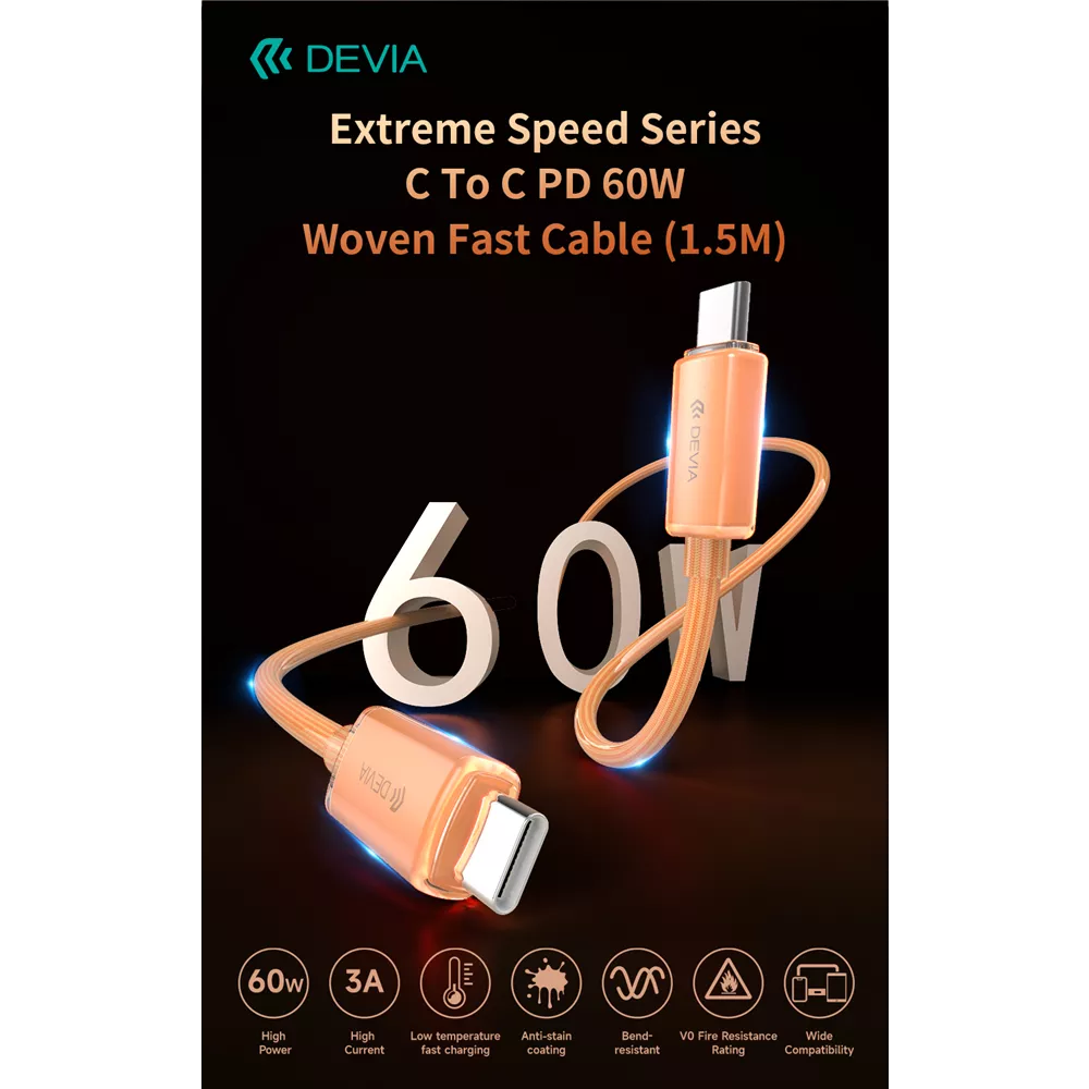 Devia - 1.5m (60W) Woven Braided Power Delivery - USB-C to USB-C Cable
