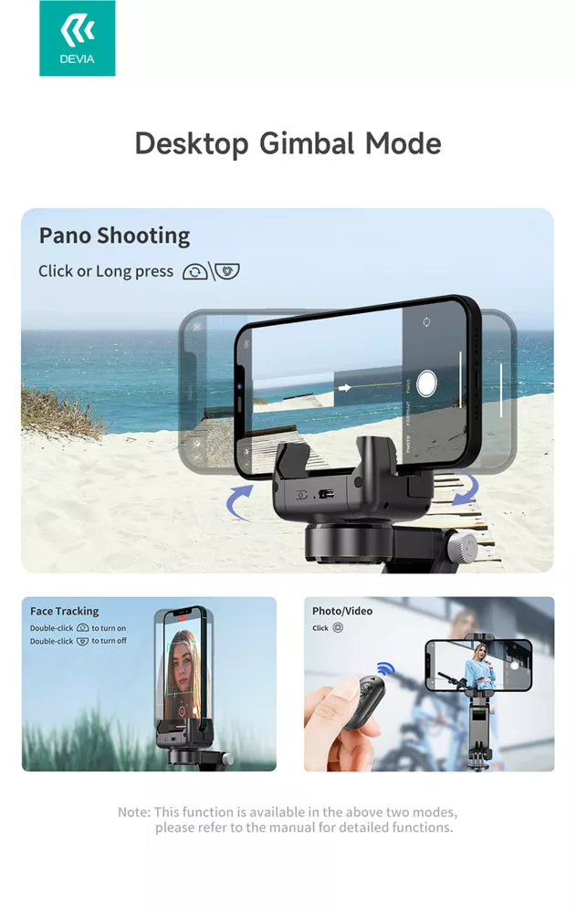 Devia - Handheld Gimbal Stabiliser Bluetooth Selfie Stick, Tripod, Light Bar & Remote Control - Black