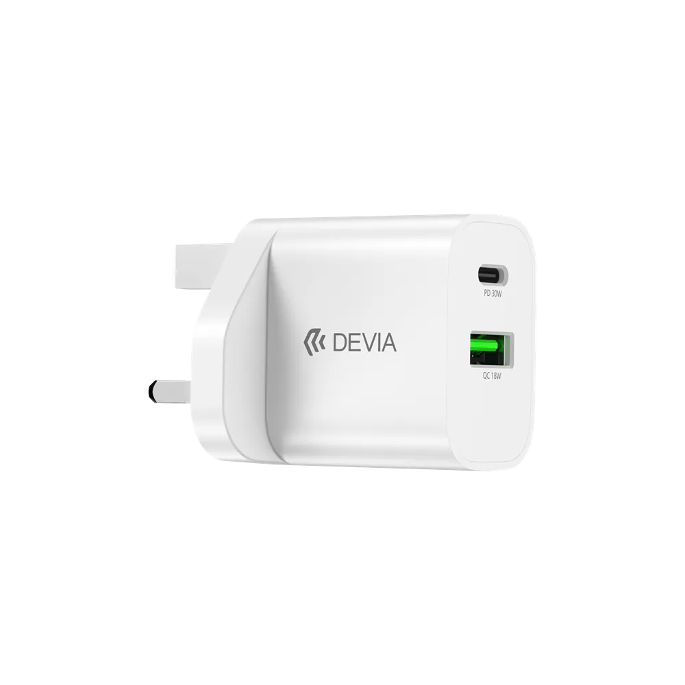 Devia - 30W GaN Dual USB-C Power Delivery & USB Qualcomm 3-Pin UK Charging Plug - White