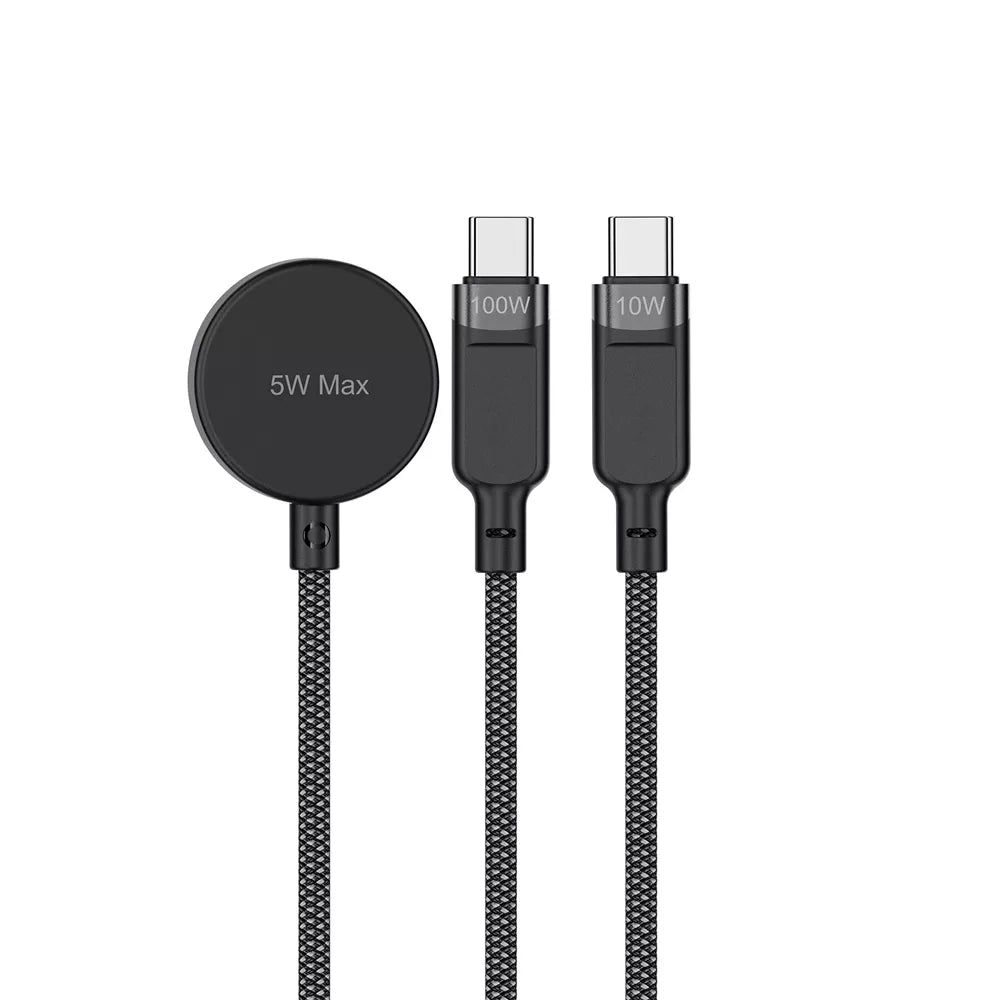 Acefast - 3 in 1 Cable - 1.2m (100W) USB-C to 2 x USB-C & Apple Watch Braided Aluminium Alloy Cable - Black