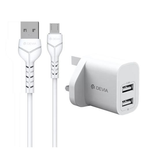 Devia - 2.4A Dual USB Plug & 1m MicroUSB Cable - White