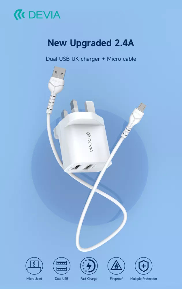 Devia - 2.4A Dual USB Plug & 1m MicroUSB Cable - White