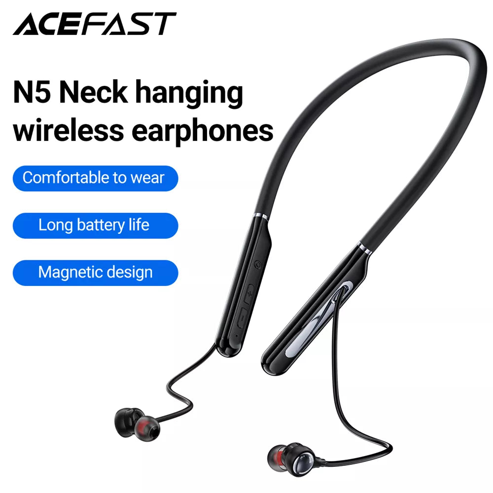 Acefast - Bluetooth Magnetic HD Earphones Silicone Neckband - Black