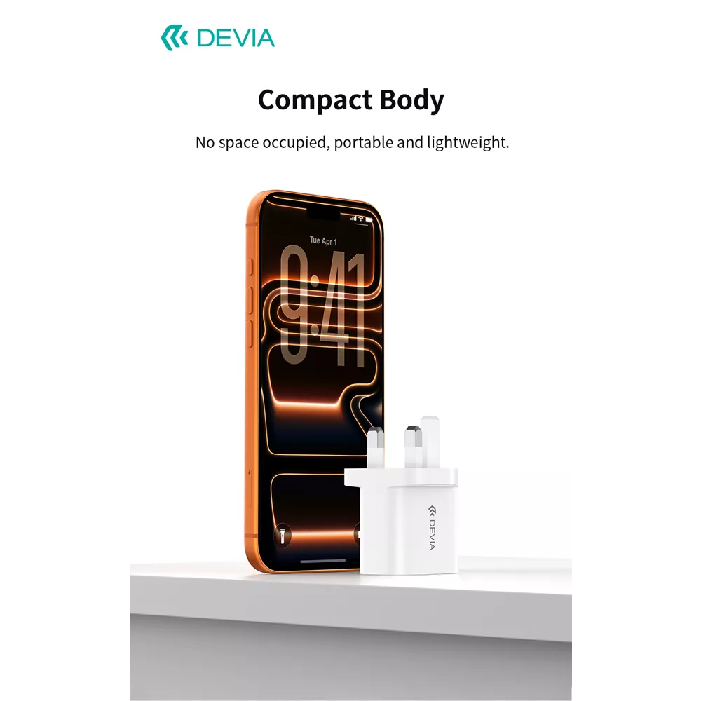 Devia - 30W GaN Dual USB-C Power Delivery & USB Qualcomm 3-Pin UK Charging Plug - White