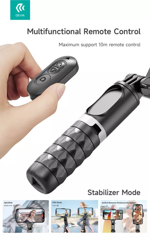 Devia - Handheld Gimbal Stabiliser Bluetooth Selfie Stick, Tripod, Light Bar & Remote Control - Black
