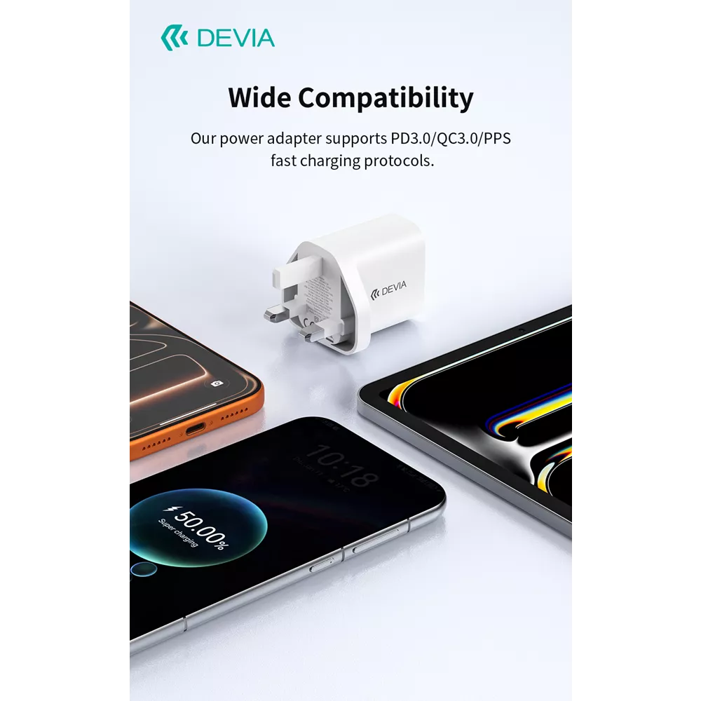 Devia - 30W GaN Dual USB-C Power Delivery & USB Qualcomm 3-Pin UK Charging Plug - White
