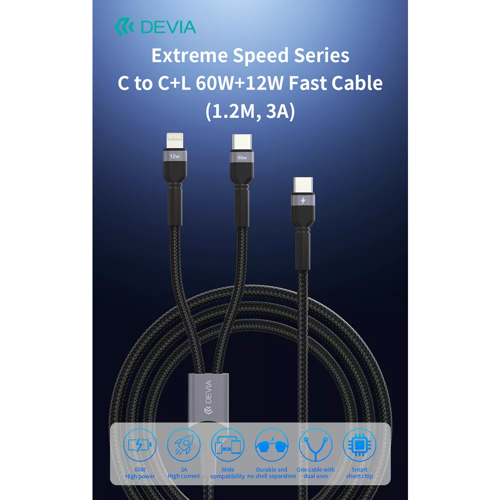 Devia - 1.2m (60W & 12W) Metal Woven Power Delivery - USB-C to USB-C & Non-MFI Lightning Cable - Black