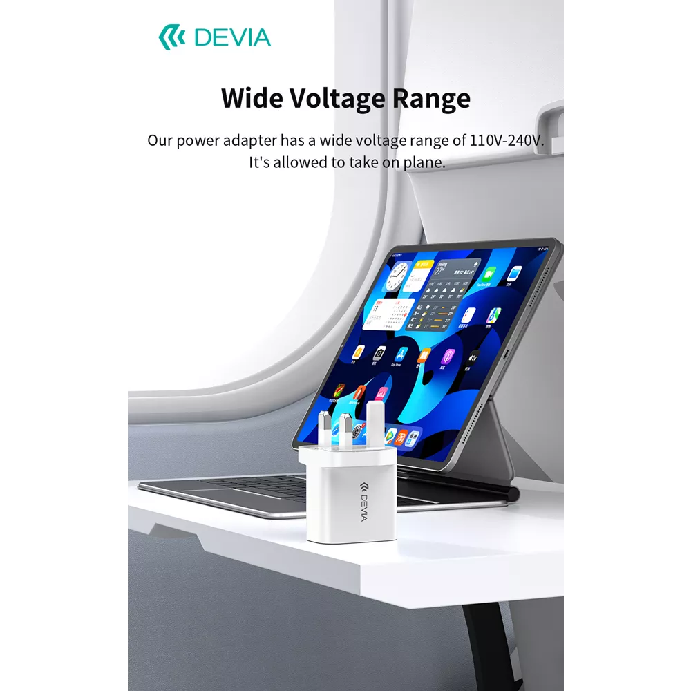 Devia - 30W GaN Dual USB-C Power Delivery & USB Qualcomm 3-Pin UK Charging Plug - White