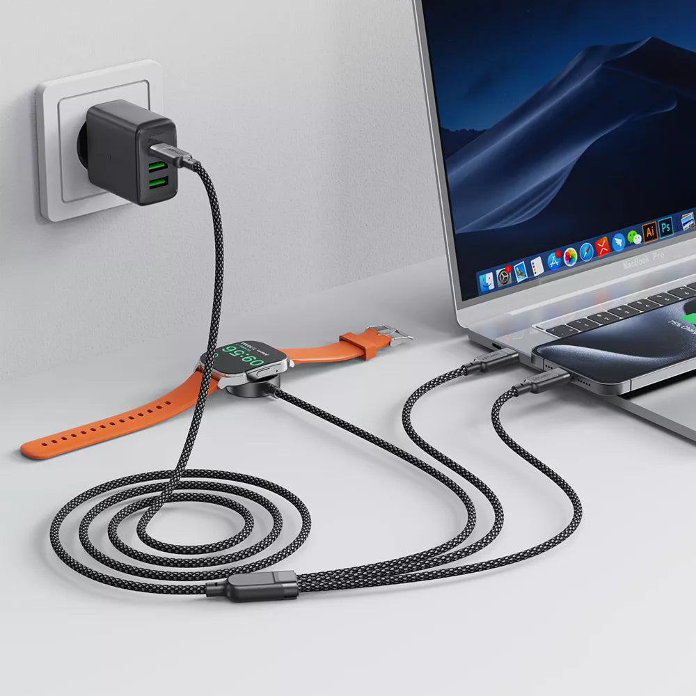 Acefast - 3 in 1 Cable - 1.2m (100W) USB-C to 2 x USB-C & Apple Watch Braided Aluminium Alloy Cable - Black