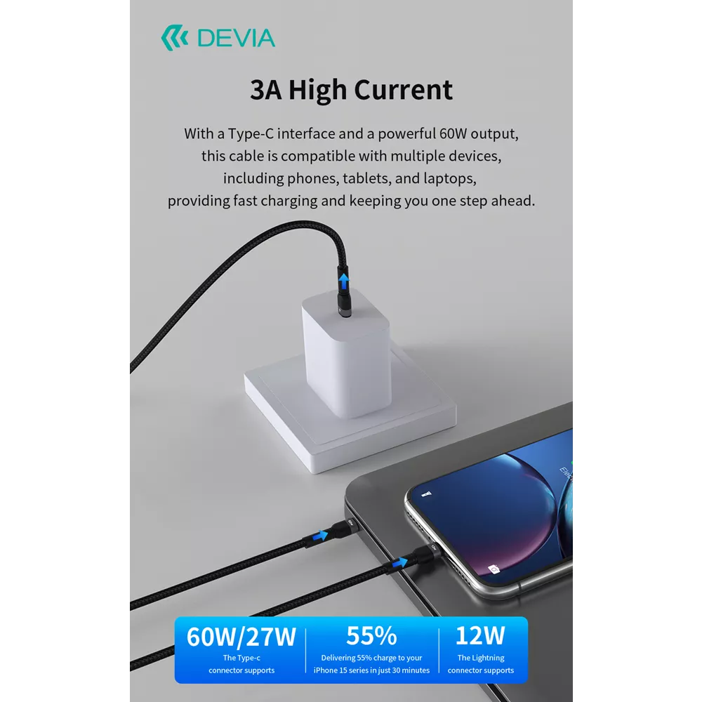 Devia - 1.2m (60W & 12W) Metal Woven Power Delivery - USB-C to USB-C & Non-MFI Lightning Cable - Black
