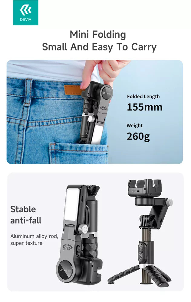 Devia - Handheld Gimbal Stabiliser Bluetooth Selfie Stick, Tripod, Light Bar & Remote Control - Black