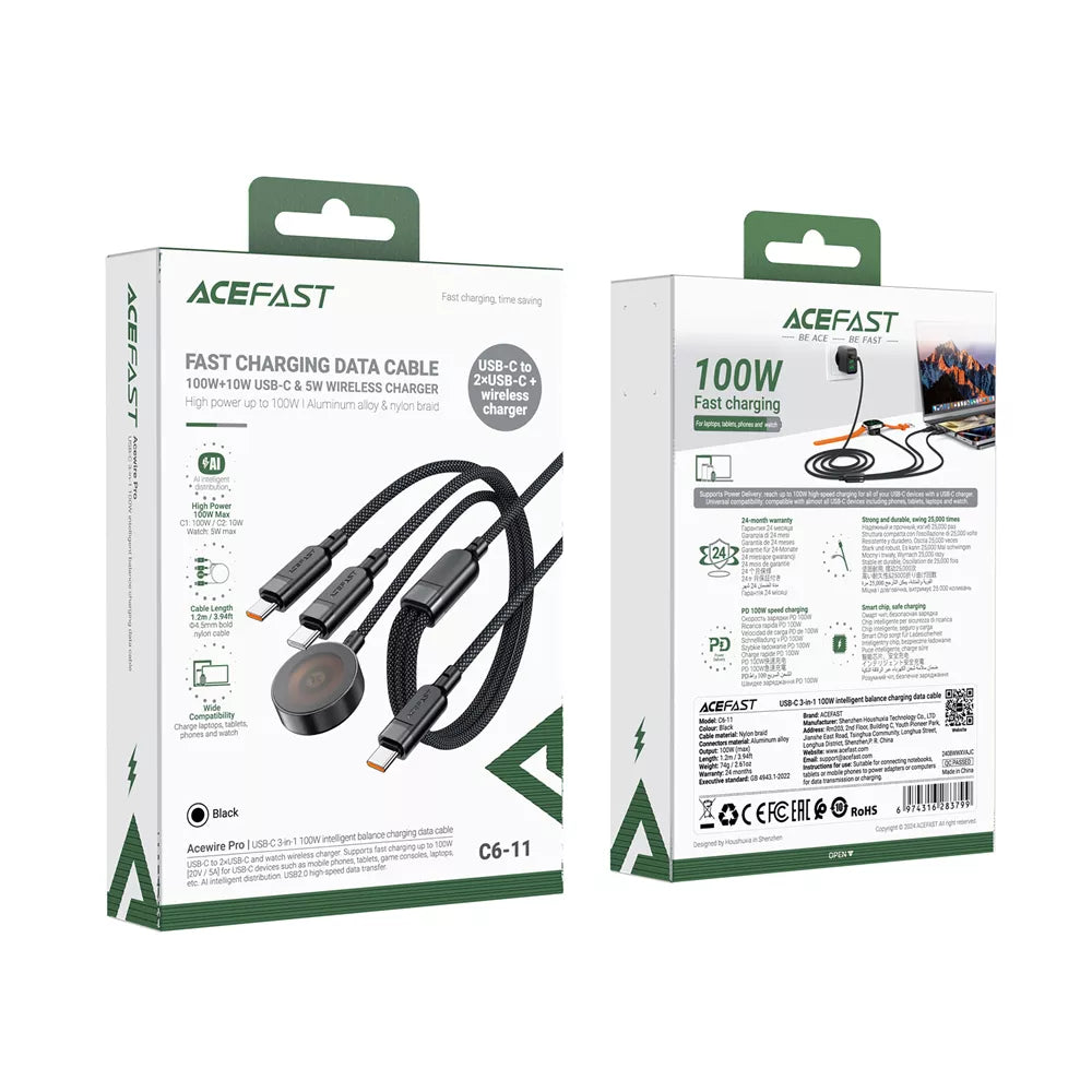 Acefast - 3 in 1 Cable - 1.2m (100W) USB-C to 2 x USB-C & Apple Watch Braided Aluminium Alloy Cable - Black