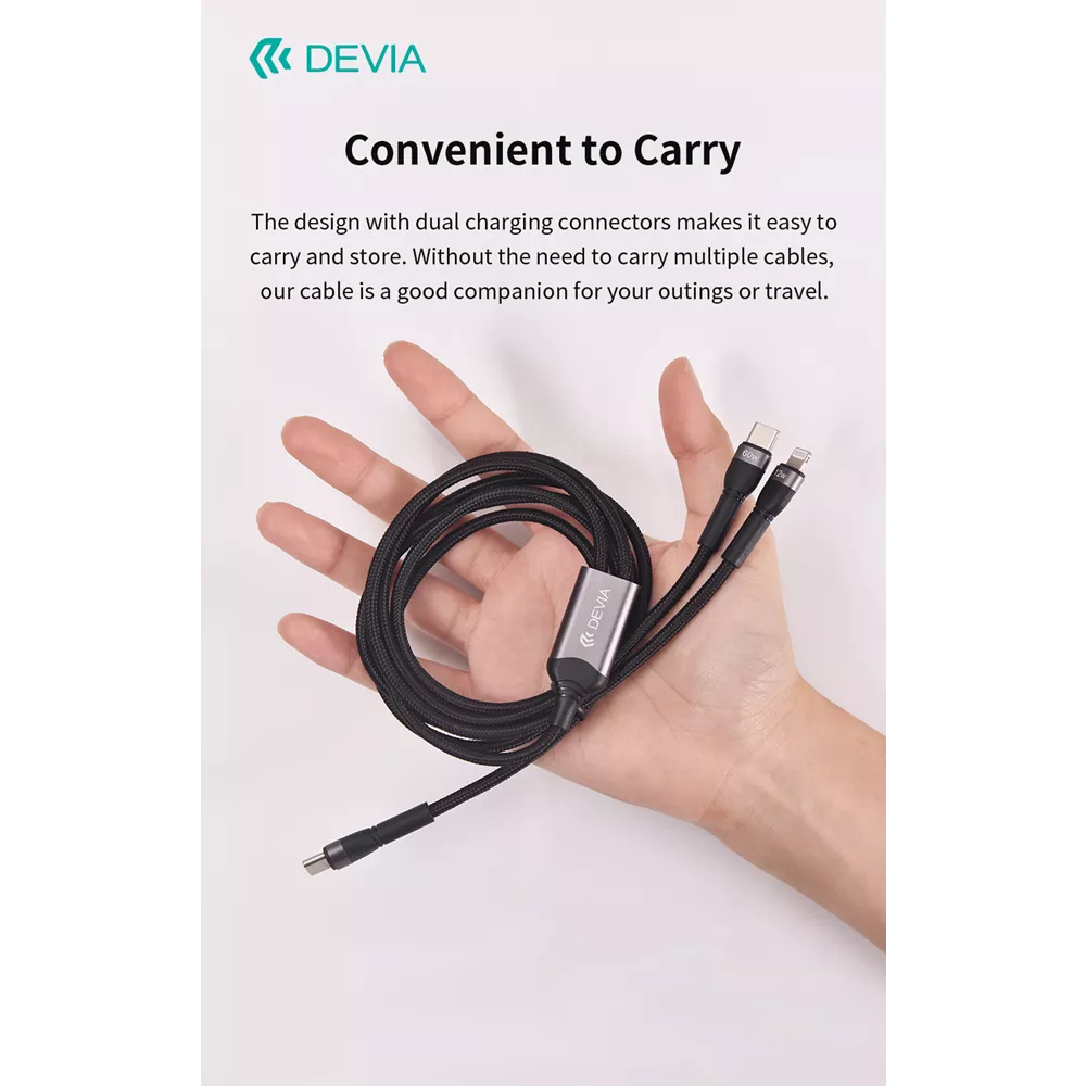 Devia - 1.2m (60W & 12W) Metal Woven Power Delivery - USB-C to USB-C & Non-MFI Lightning Cable - Black
