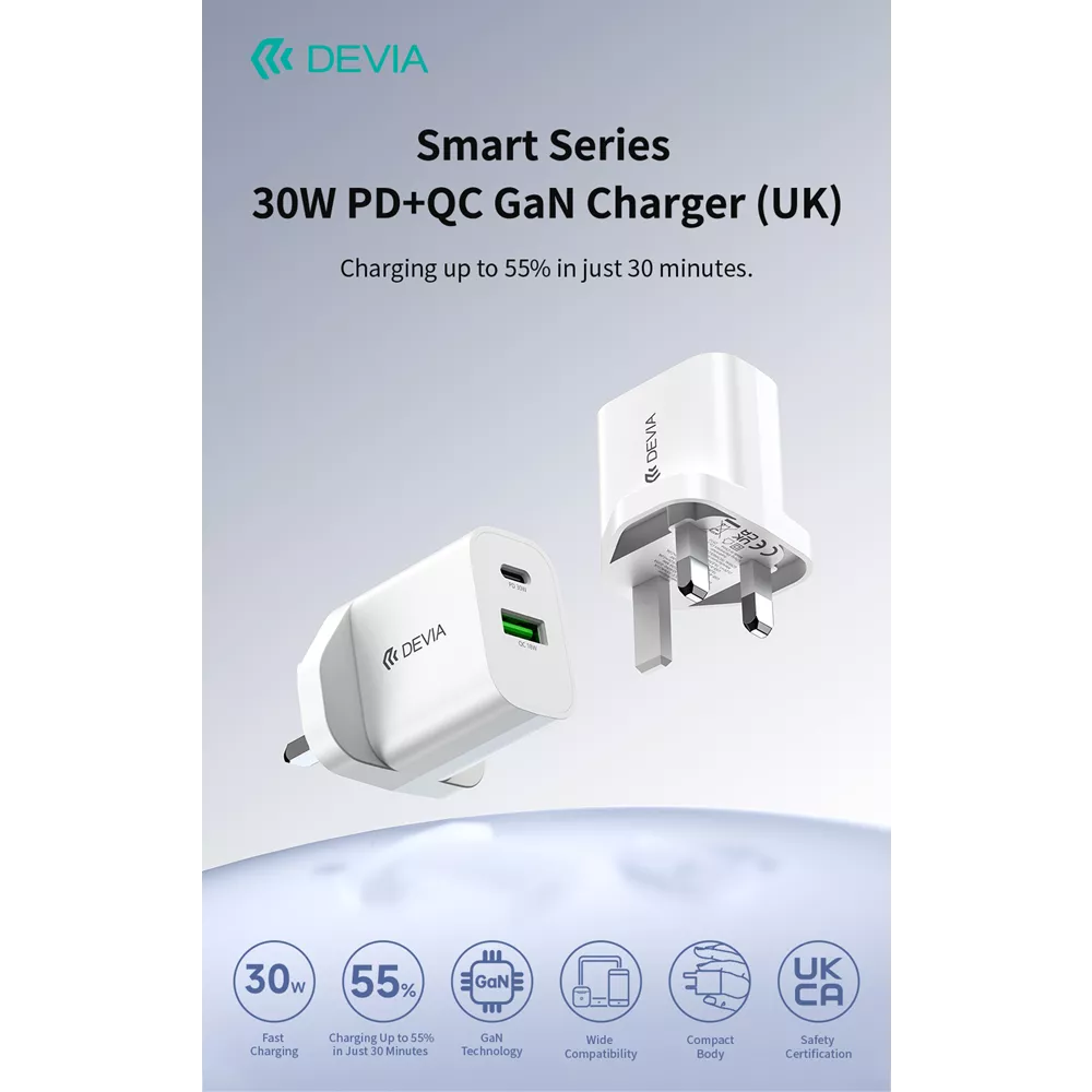 Devia - 30W GaN Dual USB-C Power Delivery & USB Qualcomm 3-Pin UK Charging Plug - White