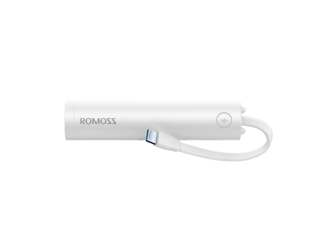 Romoss - 2,000mAh Pocket Bar Powerbank & Integrated Non-MFI Lightning Cable - White