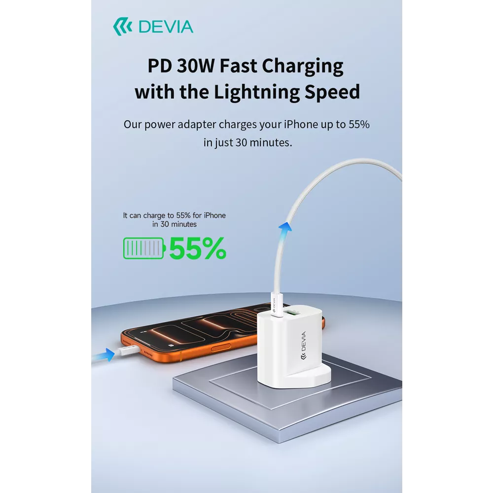 Devia - 30W GaN Dual USB-C Power Delivery & USB Qualcomm 3-Pin UK Charging Plug - White