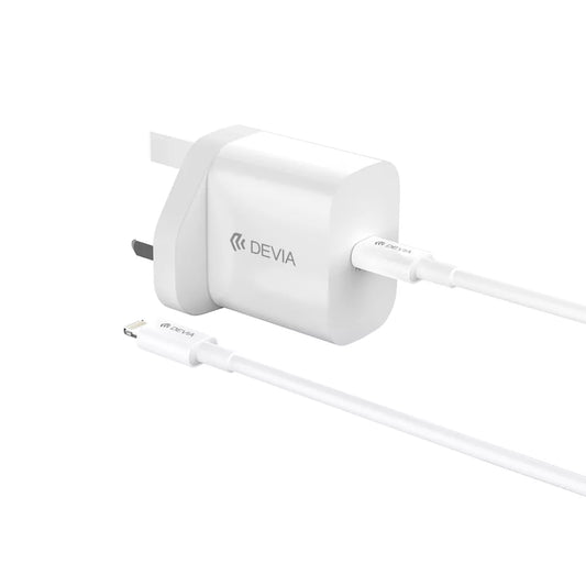 Devia - 30W GaN USB-C Power Delivery 3-Pin UK Charging Plug & 1m PD USB-C to Lightning Cable - White