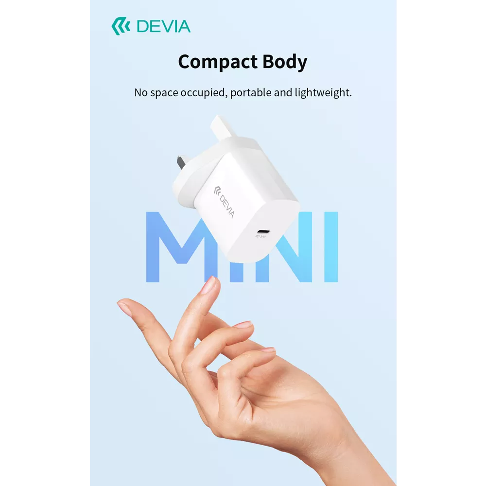 Devia - 30W GaN USB-C Power Delivery 3-Pin UK Charging Plug & 1m PD USB-C to Lightning Cable - White