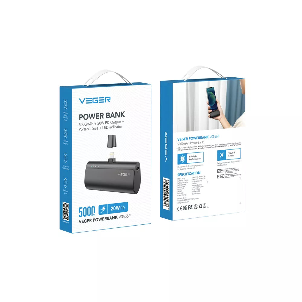 Veger - PlugON-L - 5,000mAh 20W Non-MFI Lightning Power Delivery LED Indicator Ultra Small Powerbank - Black