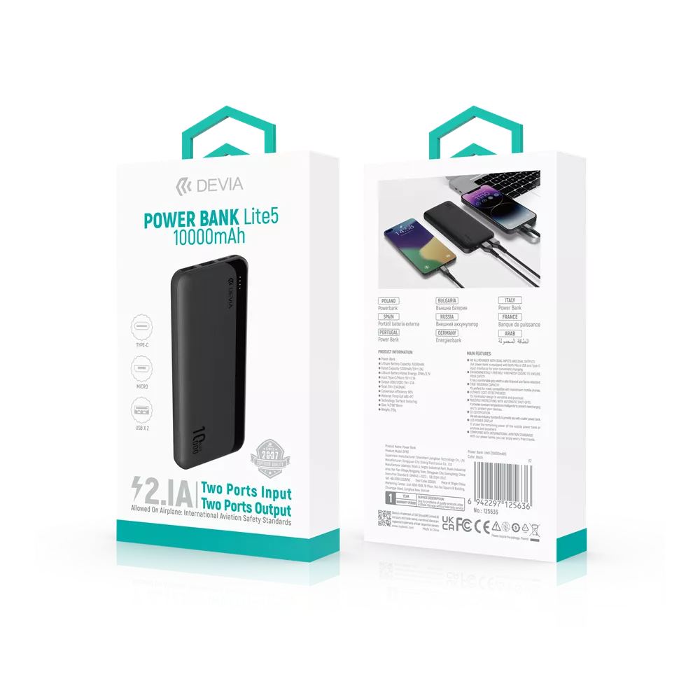 Devia - 10,000mAh Kintone Dual Port LED Indicator Powerbank - Black