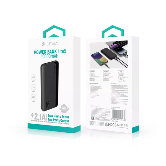 Devia - 10,000mAh Kintone Dual Port LED Indicator Powerbank - Black