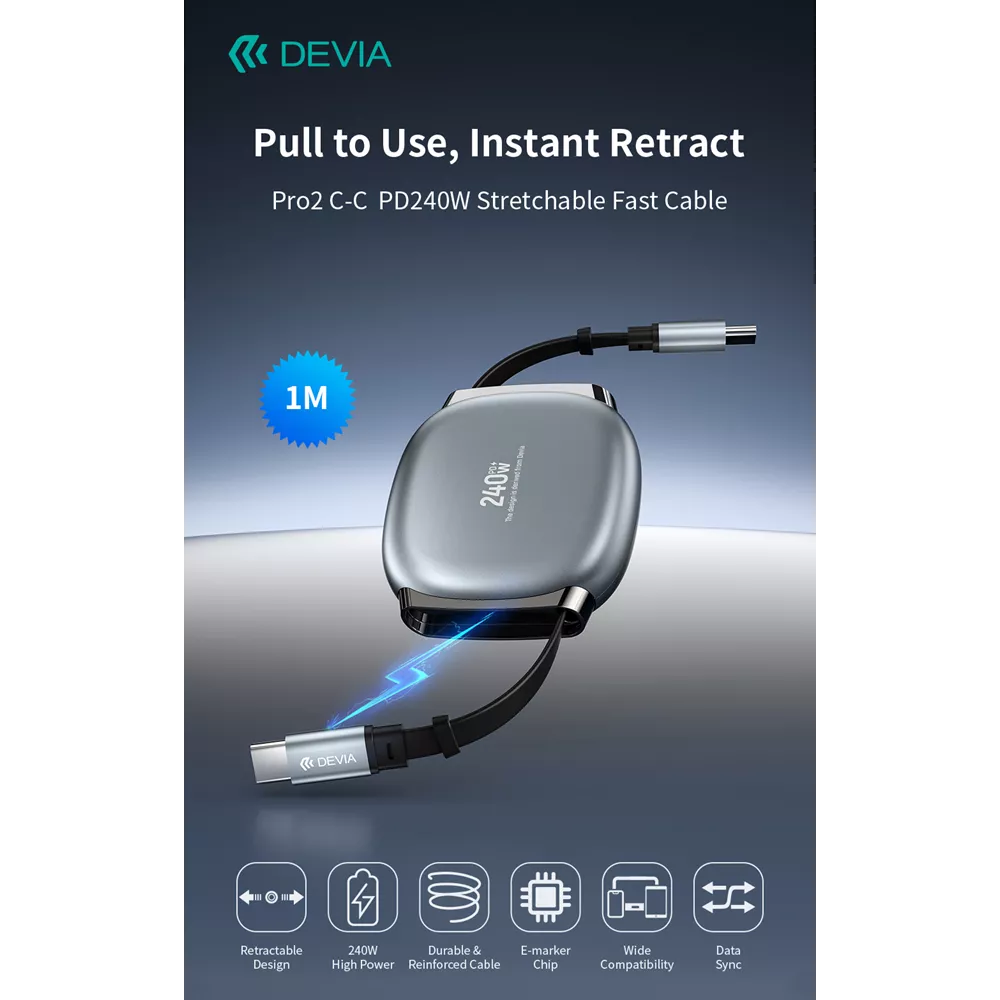 Devia - 1m (240W 5A) Power Delivery - USB-C to USB-C Stretchable Cable - Grey
