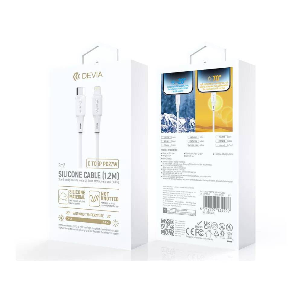 Devia - 1.2m (27W) USB-C to Non-MFI Lightning Silicone Cable - White