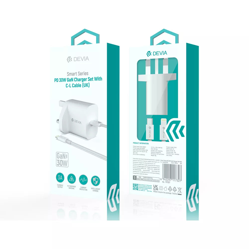 Devia - 30W GaN USB-C Power Delivery 3-Pin UK Charging Plug & 1m PD USB-C to Lightning Cable - White