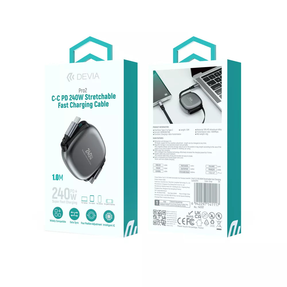 Devia - 1m (240W 5A) Power Delivery - USB-C to USB-C Stretchable Cable - Grey