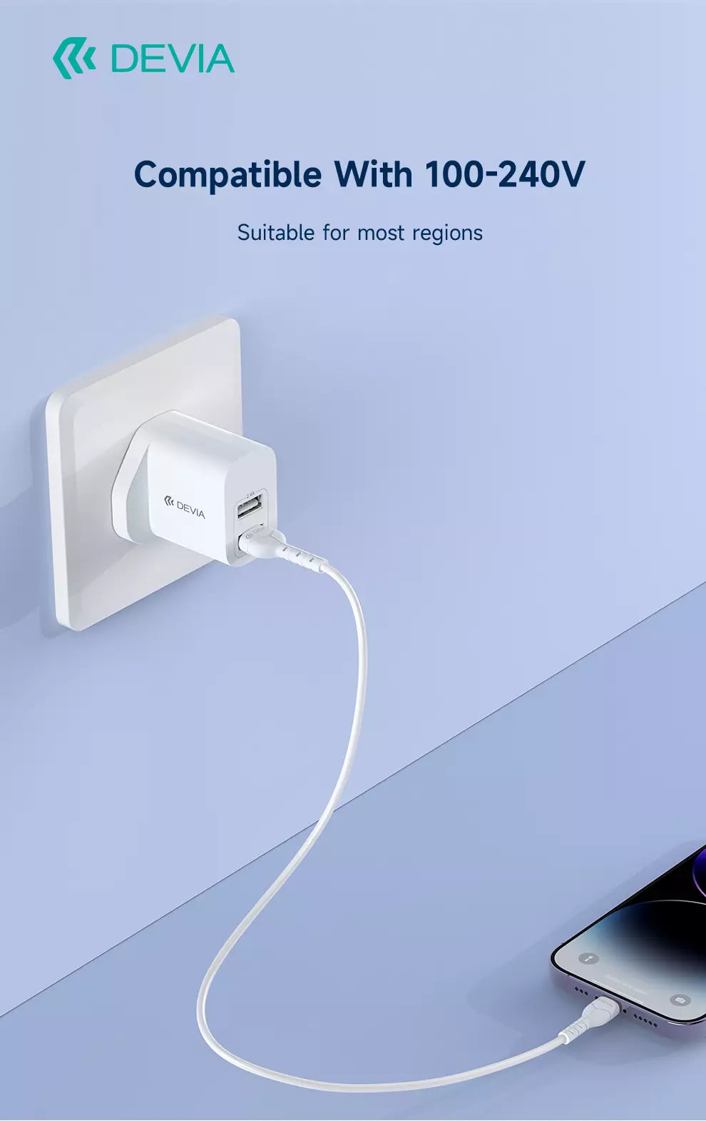 Devia - 2.4A Dual USB Plug & 1m Non-MFI Lightning Cable - White