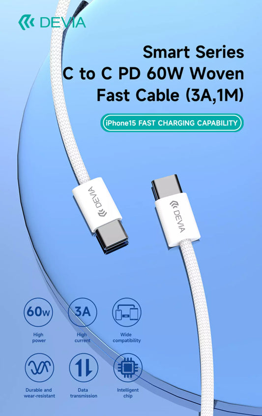 Devia - 1m (60W) Woven Braided Power Delivery - USB-C to USB-C Cable - White