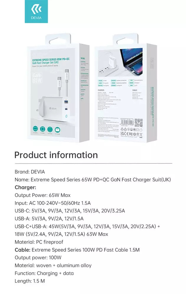 Devia - 65W GaN Type C PD & QC4.0 3-Pin UK Mini Charging Plug & 1.5m 100W Type C to Type C Cable - White