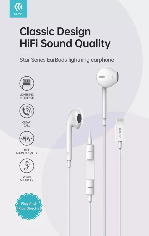 Devia - Lightning Earphones with Microphone & Volume Control - White