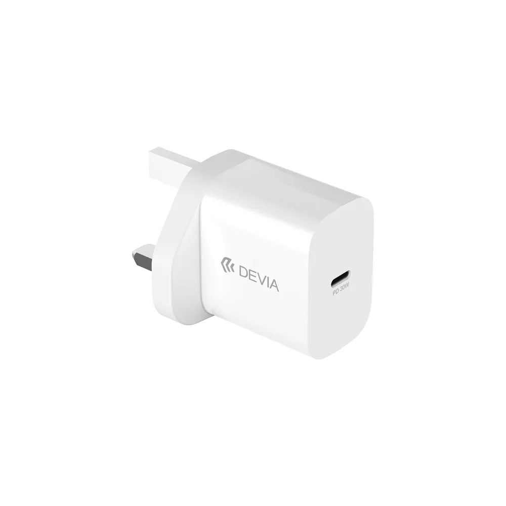 Devia - 30W GaN USB-C Power Delivery 3-Pin UK Charging Plug & 1m PD USB-C to Lightning Cable - White