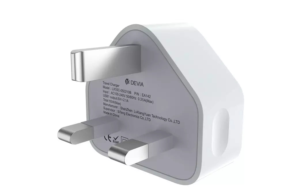 Devia - 1A USB 3-Pin UK Charging Plug - White