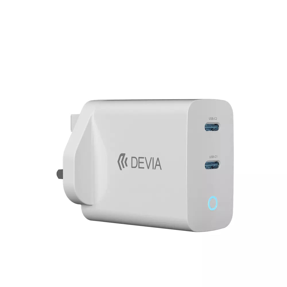 Devia - 45W GaN Dual Type C 3-Pin UK Charging Plug & 1.5m Type C to Type C Cable - White
