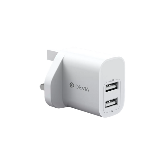 Devia - 2.4A Dual USB 3-Pin UK Charging Plug - White