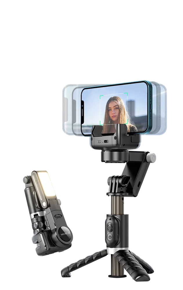 Devia - Handheld Gimbal Stabiliser Bluetooth Selfie Stick, Tripod, Light Bar & Remote Control - Black