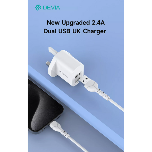 Devia - 2.4A Dual USB 3-Pin UK Charging Plug - White