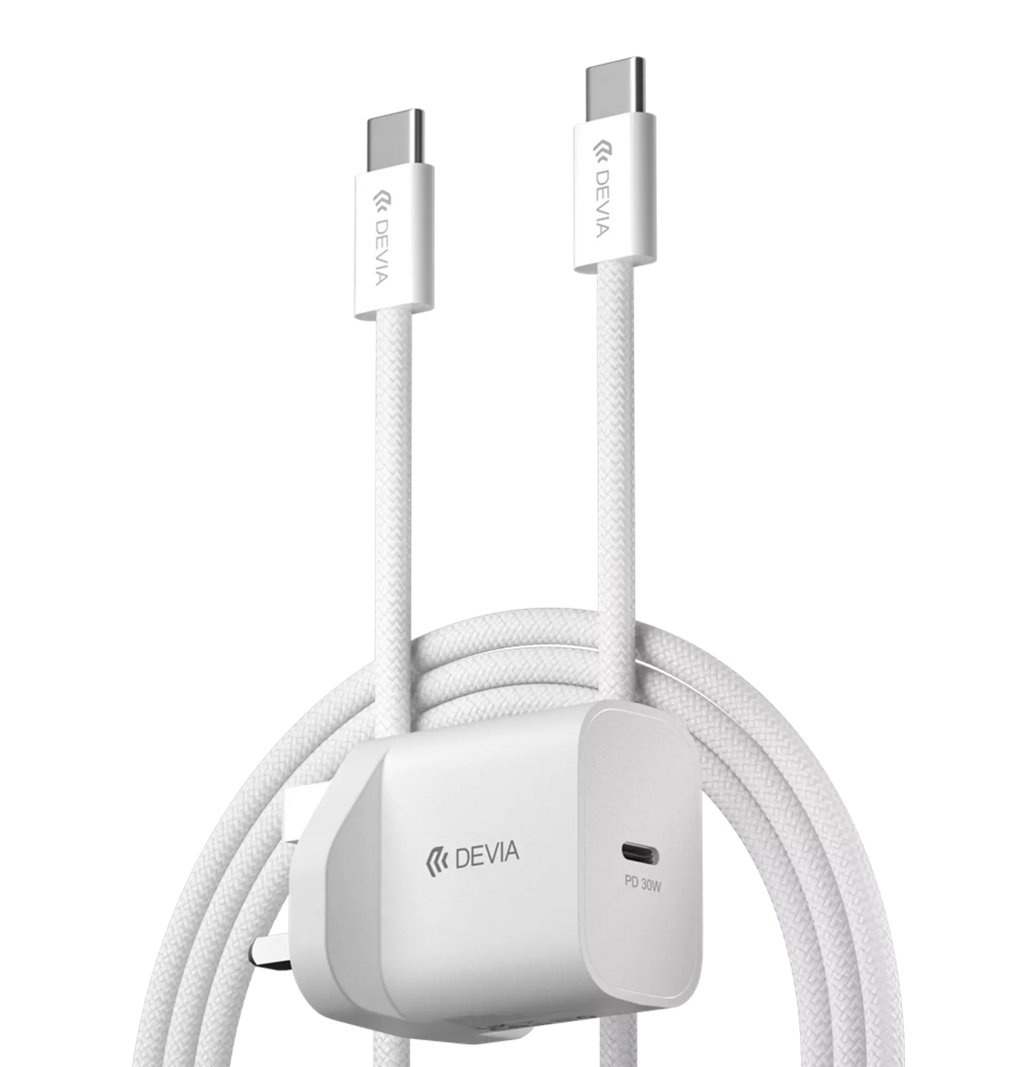 Devia - 30W GaN USB-C 3-Pin UK Charging Plug & 1.2m USB-C to USB-C Cable - White