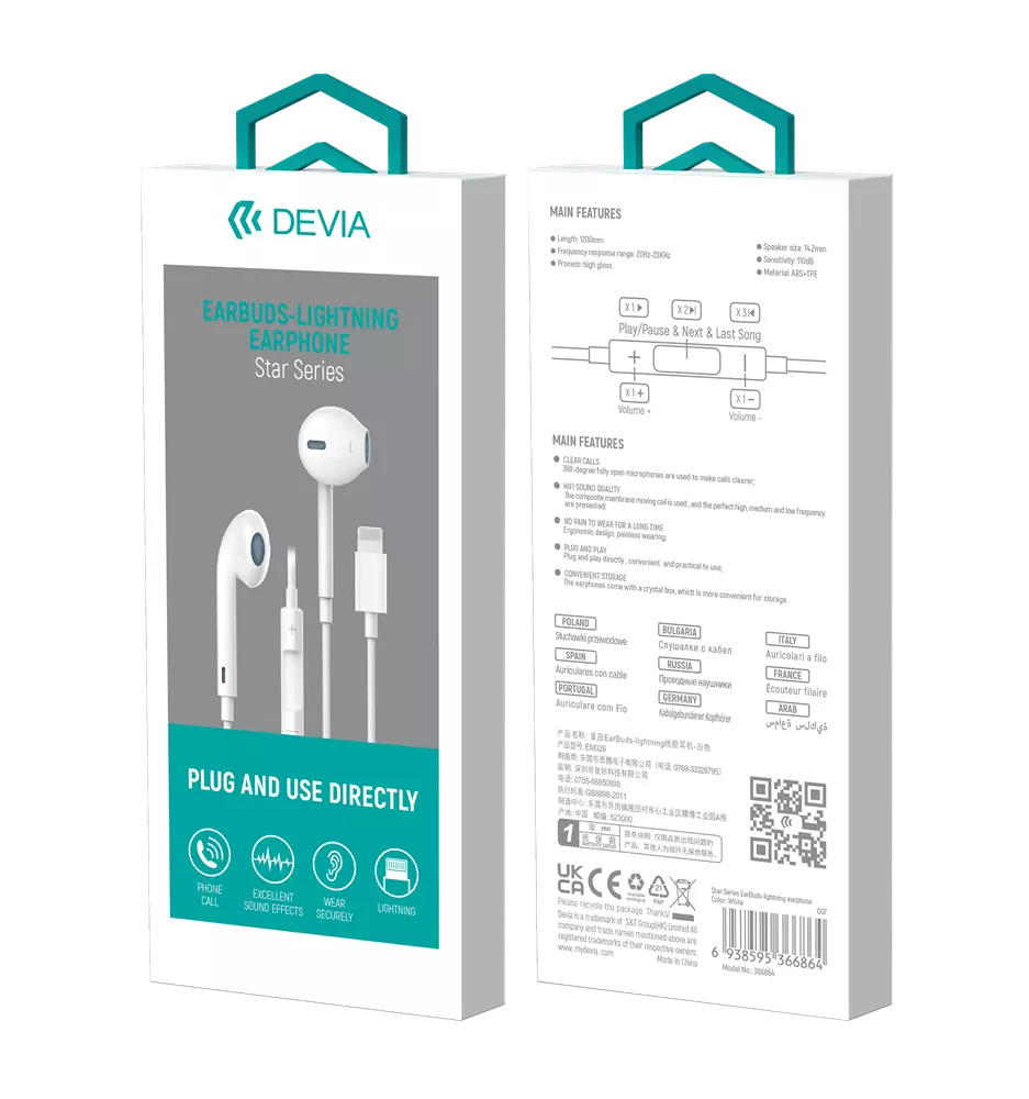 Devia - Lightning Earphones with Microphone & Volume Control - White