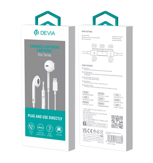 Devia - Lightning Earphones with Microphone & Volume Control - White