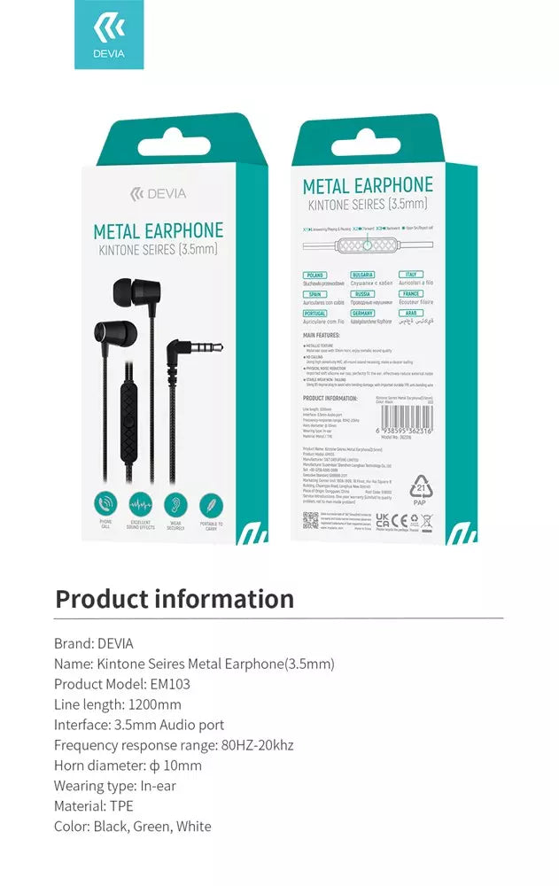 Devia - 3.5mm Kintone Metal Earphones with Microphone & Volume Control - Green