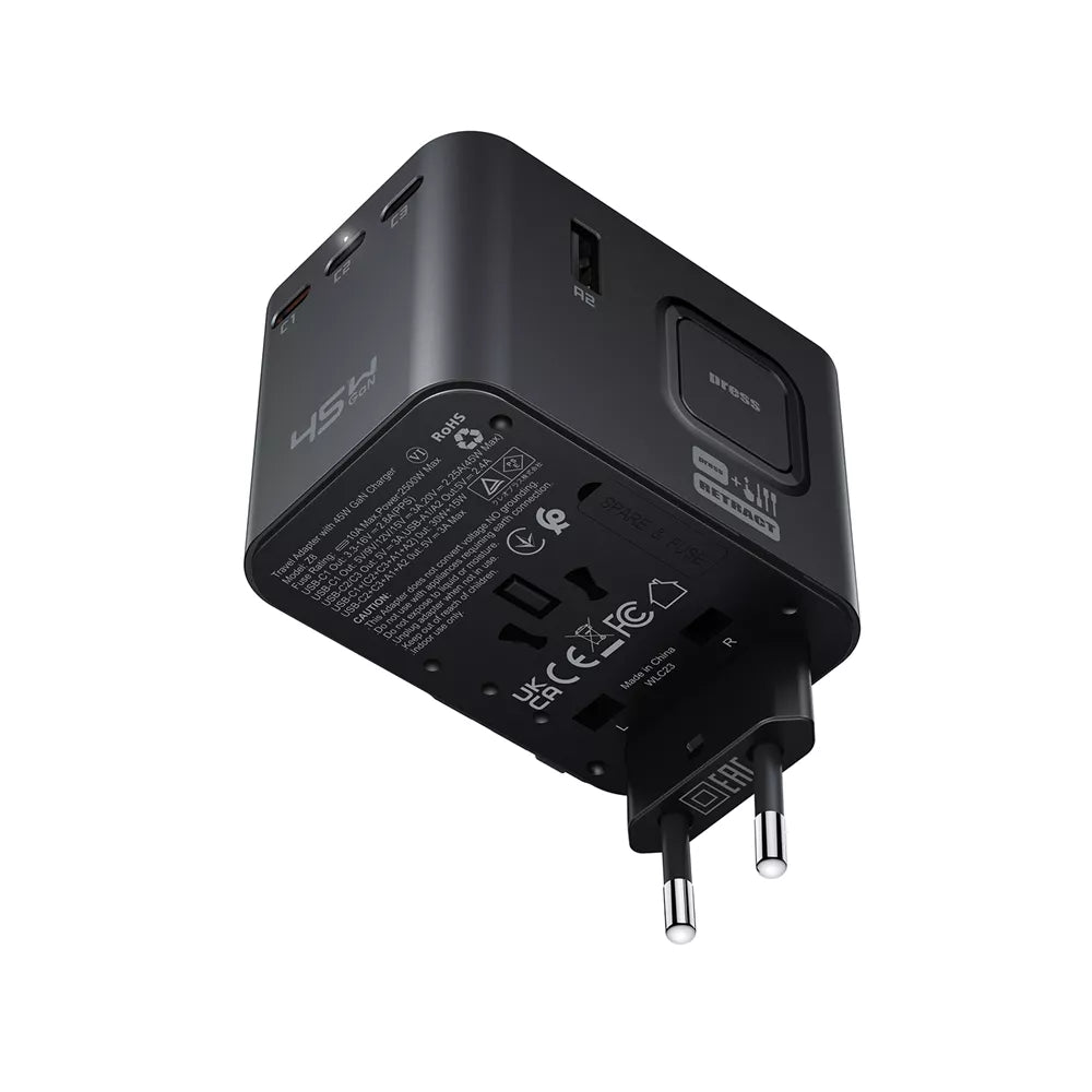 Acefast - 45W GaN Global Multiple Function Travel Adapter & 3x USB-C Ports & 2x USB-A Ports - Black