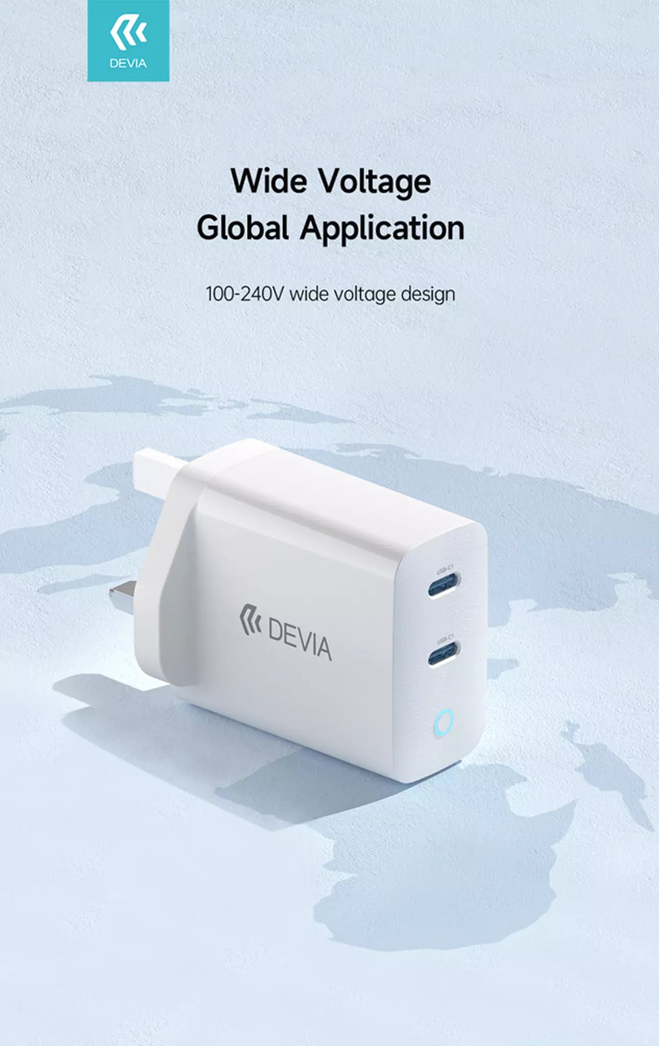 Devia - 45W GaN Dual USB-C Power Delivery 3-Pin UK Charging Plug - White