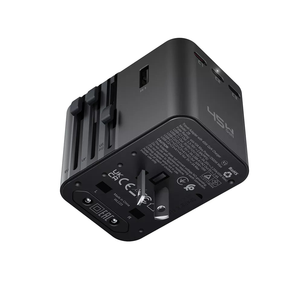 Acefast - 45W GaN Global Multiple Function Travel Adapter & 3x USB-C Ports & 2x USB-A Ports - Black