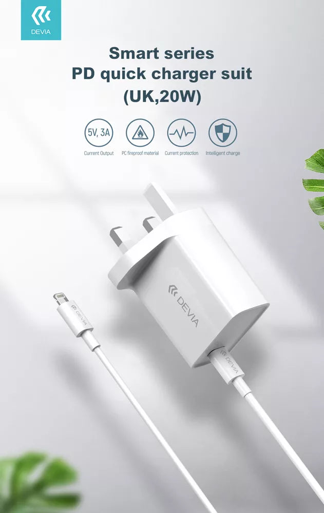 Devia - 20W USB-C Power Delivery 3-Pin UK Charging Plug & 1m PD USB-C to Lightning Cable - White