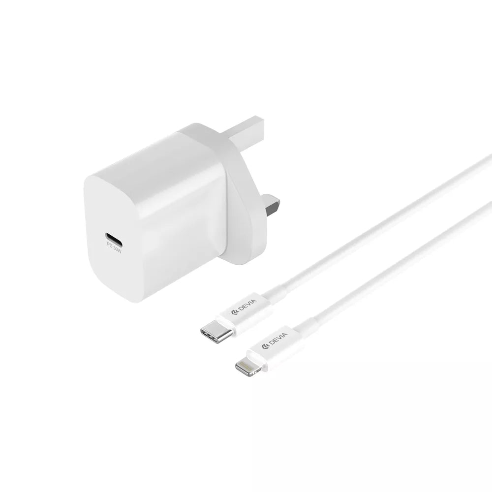 Devia - 30W GaN USB-C Power Delivery 3-Pin UK Charging Plug & 1m PD USB-C to Lightning Cable - White