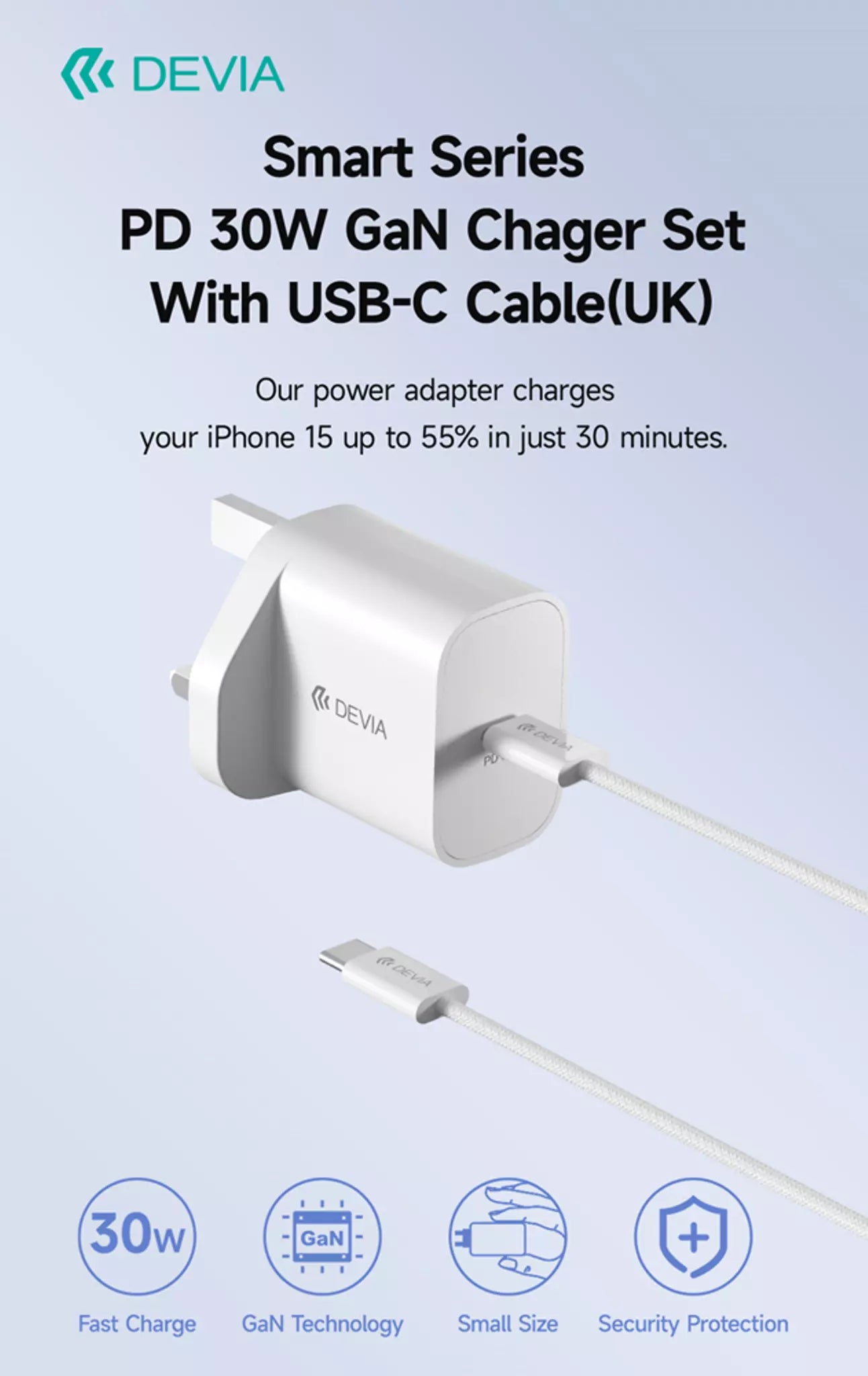 Devia - 30W GaN USB-C 3-Pin UK Charging Plug & 1.2m USB-C to USB-C Cable - White